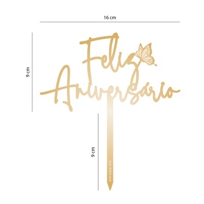 Topo de bolo dourado Feliz Aniversário com borboleta