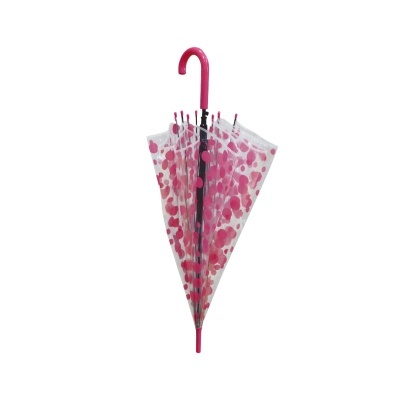 Guarda-chuva transparente com bolinhas rosa e cabo curvo rosa