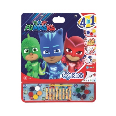 Brinquedo 4 em 1 PJ Masks Giga Block com peças e lápis coloridos