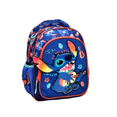 Mochila azul infantil com personagem Stitch e bolsos