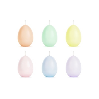 Seis velas em forma de ovo em cores pastel