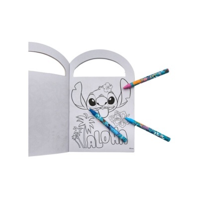Livro para colorir em forma de saco com ilustração do Stitch para pintar e três canetas coloridas.