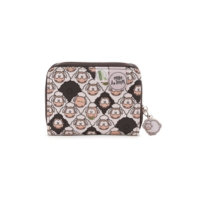 Carteira pequena com padrão de ovelhas e fecho zip com pendente