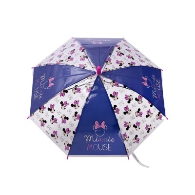 Guarda-chuva infantil azul e branco com padrão de Minnie Mouse e texto Minnie Mouse