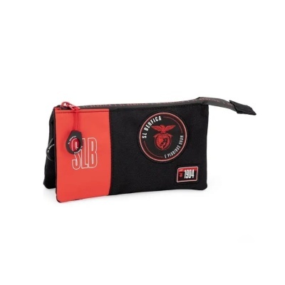 Estojo preto e vermelho com fecho vermelho e logos do SL Benfica