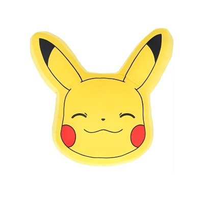 Almofada amarela do Pikachu com detalhes vermelhos e pretos