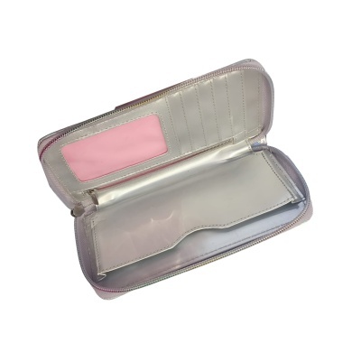 Carteira ou porta-cartões cinza prateado com interior rosa e várias divisórias