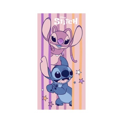 Toalha com personagens Stitch da Disney em fundo listrado colorido com estrelas