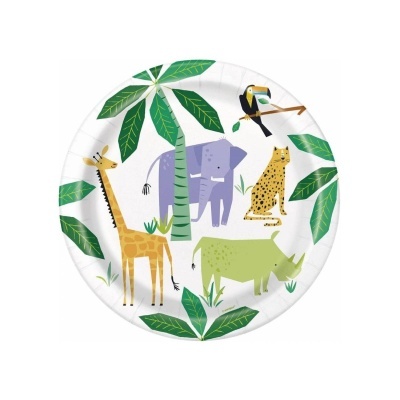 Prato descartável de papel com desenhos de animais selvagens coloridos
