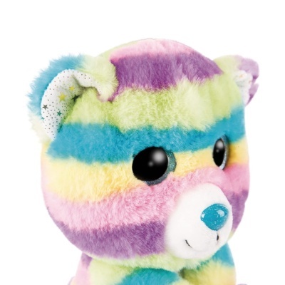 Urso de peluche colorido às riscas with olhos grandes e focinho azul