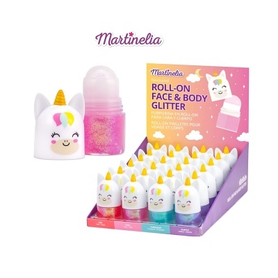 Roll-on de brilho para rosto e corpo com tampa de unicórnio, em exposição