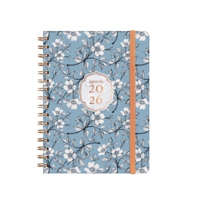 Agenda 2026 com capa azul floral, espiral e elástico alaranjado
