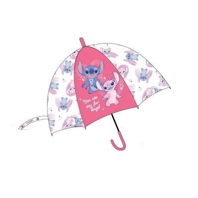 Guarda-chuva infantil com personagens Stitch e Angel em rosa e branco