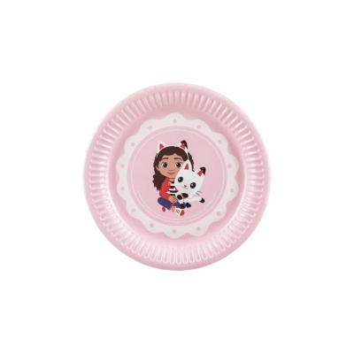 Prato descartável rosa com desenho de personagem animada com gato