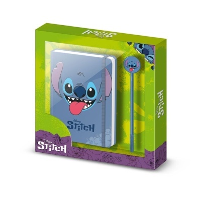 Conjunto Disney Stitch com caderno azul e caneta azul na caixa