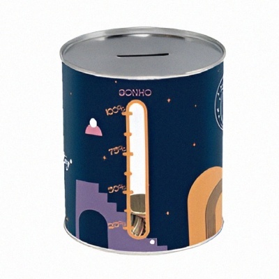 Pote metálico azul com tampa prateada e gráficos coloridos