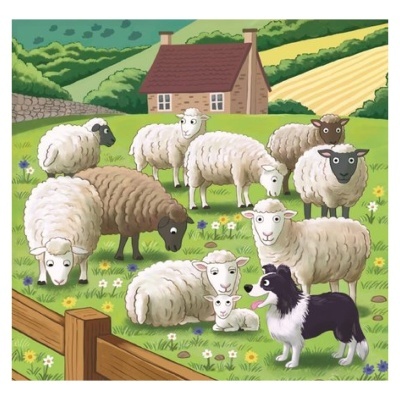 Desenho de ovelhas e cão pastor numa pastagem com flores, cerca de madeira e casa ao fundo