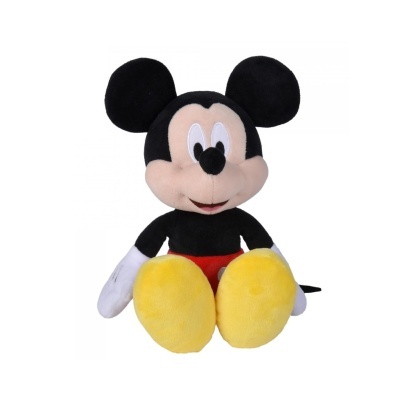 Pelúcia do personagem Mickey Mouse sentado em fundo branco