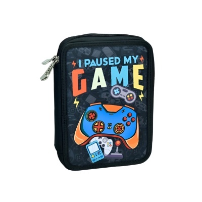 Estojo preto com fecho e estampado texto e gráficos de videojogos