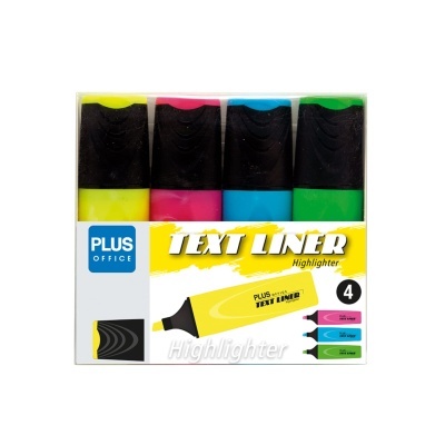 Conjunto de quatro marcadores fluorescentes em embalagem