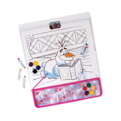 Livro de colorir com desenho do Olaf e tintas coloridas num fundo branco