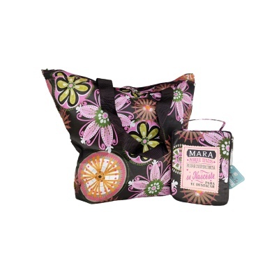 Saco dobrável floral preto com estojo compacto com etiqueta em português