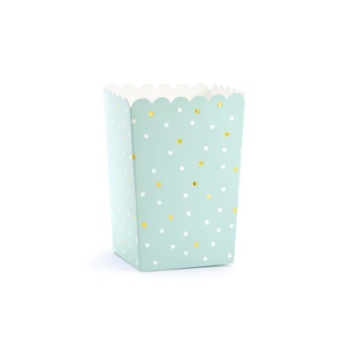 Embalagem de papel azul claro com pontos dourados e brancos