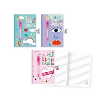 Diários secretos coloridos com canetas rosa e fechaduras com chave, um aberto mostrando páginas alinhadas