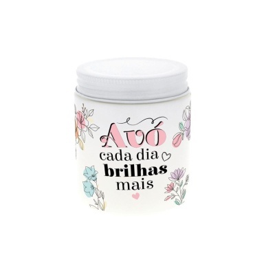 Frasco branco decorado com flores e texto em português