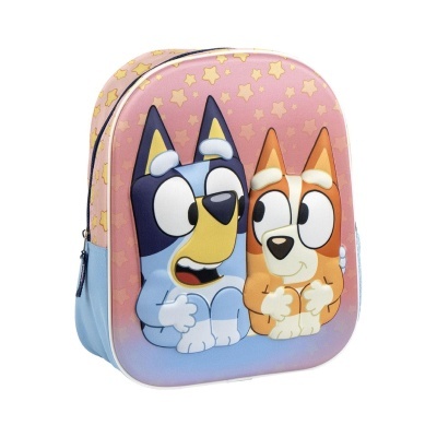 Mochila rosa e azul com desenho de dois cães em estilo cartoon e estrelas