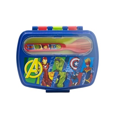 lunchbox azul com utensílios e personagens Avengers