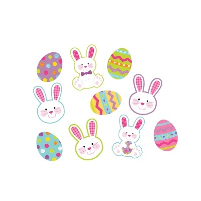 Autocolantes de Páscoa com ovos coloridos e coelhinhos brancos com orelhas cor-de-rosa