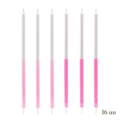 Seis velas finas rosa e brancas com brilho e suporte plástico