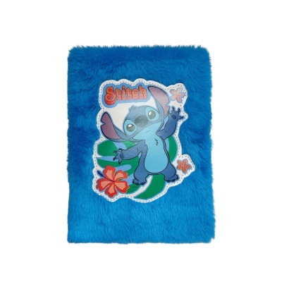 Caderno capa felpuda azul com imagem do Stitch da Disney e texto 'Stitch'