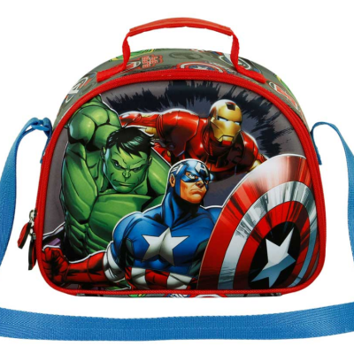 Bolsa infantil com alça azul e pega vermelha com personagens Marvel