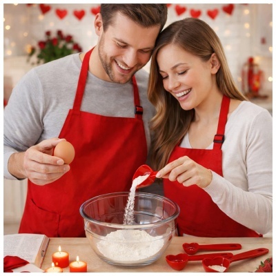 Utensílios de cozinha vermelhos, tigela de vidro, ovo, velas acesas e pessoas a cozinhar com aventais vermelhos.