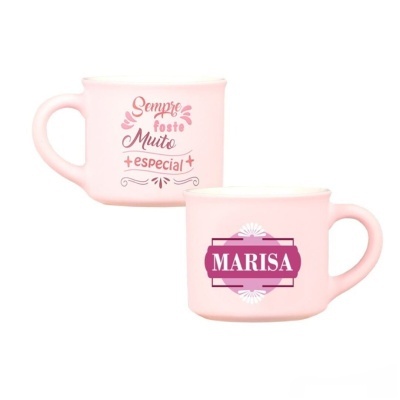 Duas canecas cor-de-rosa com texto decorativo