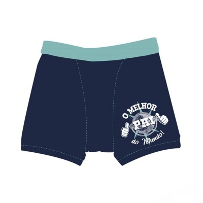 Cuecas boxer azuis com estampa 'O MELHOR PAI do Mundo' e cintura verde claro.