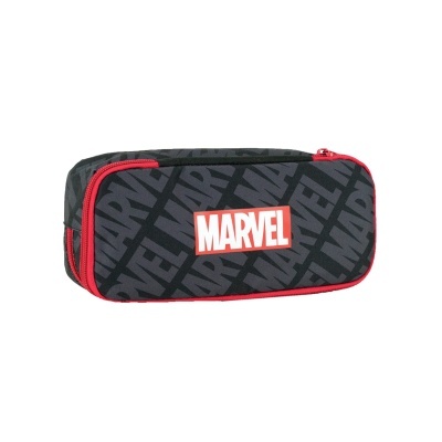 Estojo preto com padrão MARVEL e fecho vermelho
