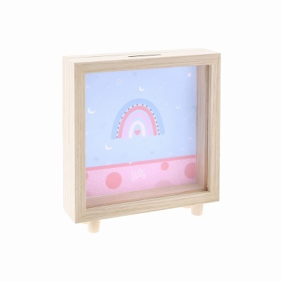 Poupança de madeira com vidro decorado com arco-íris e texto Kids Story