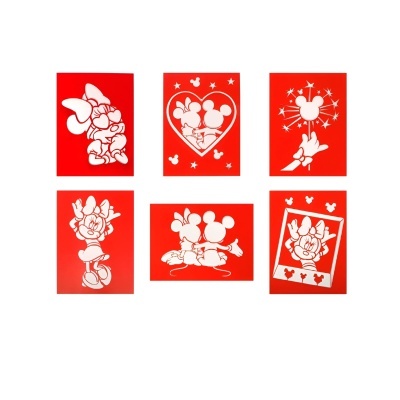 Conjunto de seis cartões vermelhos com ilustrações brancas do Minnie Mouse.