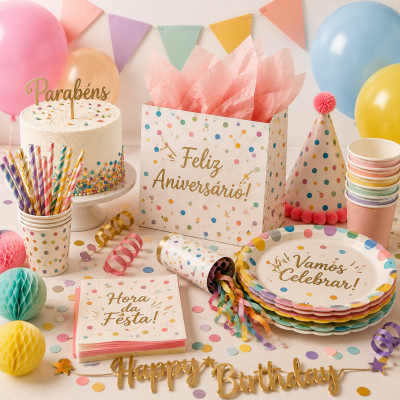 Decoração colorida para festa de aniversário com bolos, balões, chapéus e pratos decorados