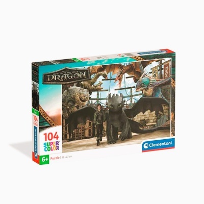 Caixa de puzzle Clementoni 104 peças com imagem de dragões e personagem da animação How to Train Your Dragon.