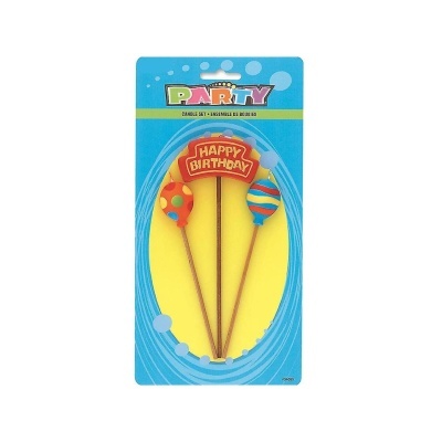 Conjunto de velas de aniversário com balões coloridos e texto HAPPY BIRTHDAY em embalagem azul e amarelo.