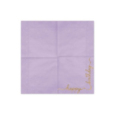 Guardanapo lilás com texto dourado happy Birthday no canto