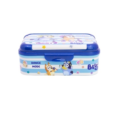 Estojos escolares azuis com desenhos animados e texto