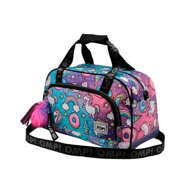 mala pequena tipo saco com padrão de unicórnios coloridos e alças pretas
