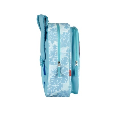 Mochila azul clara com padrão floral e dois compartimentos com zíper lateral
