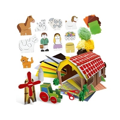 Brinquedo de fazenda com celeiro, moinho, comboio, figuras e acessórios em papel e lã coloridos
