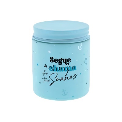 Pote cilíndrico azul claro com tampa e texto motivacional em português